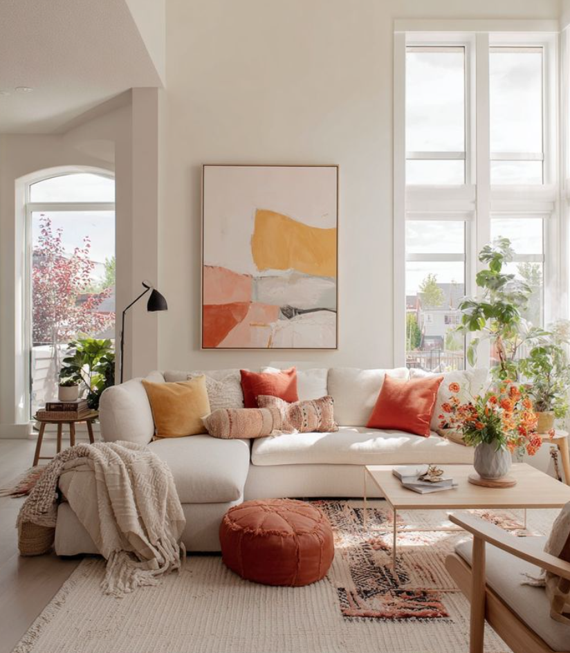 σαλόνι σε ανοιχτόχρωμες αποχρώσεις και φυσικό φως