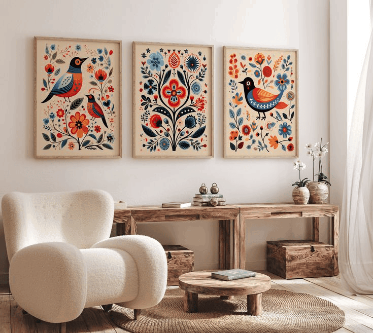 σαλόνι Scandinavian design με nordic fold artwork στον τοίχο