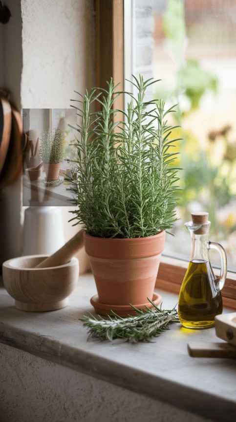 αρωματικό φυτό σε γλάστρα μπροστά σε παράθυρο