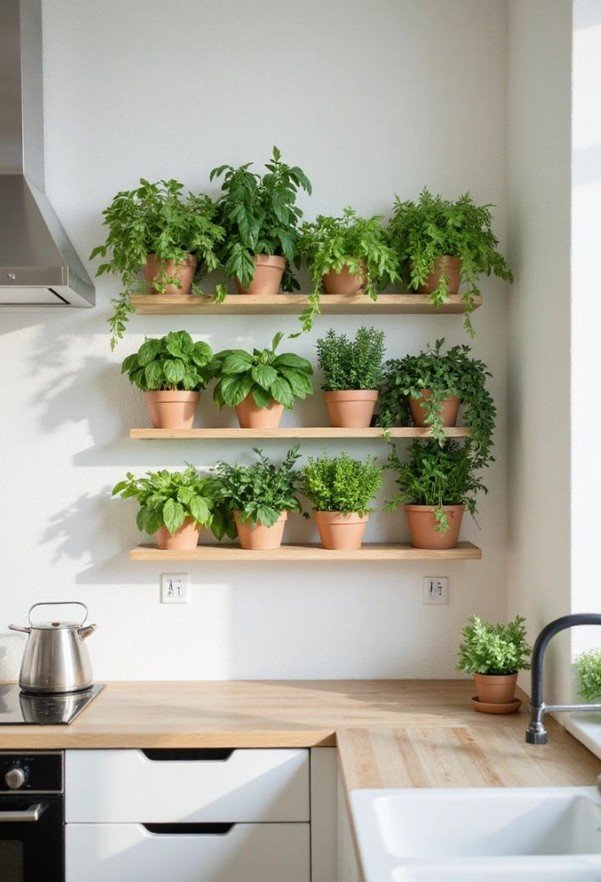 αρωματικά φυτά σε γλάστρες σε ράφια στην κουζίνα