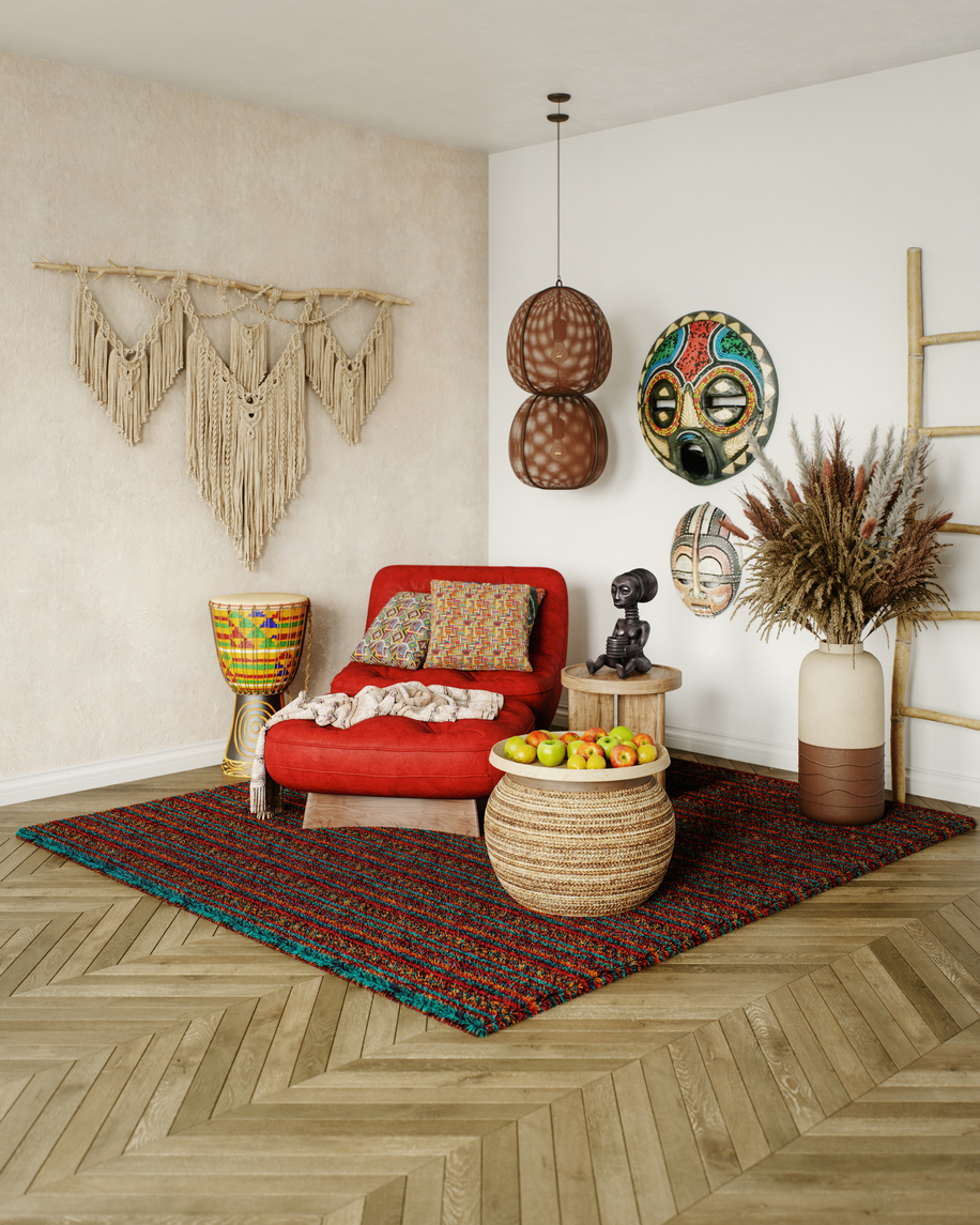 boho γωνιά με πολυθρόνα, τραπεζάκι, χαλί και διακοσμητικά