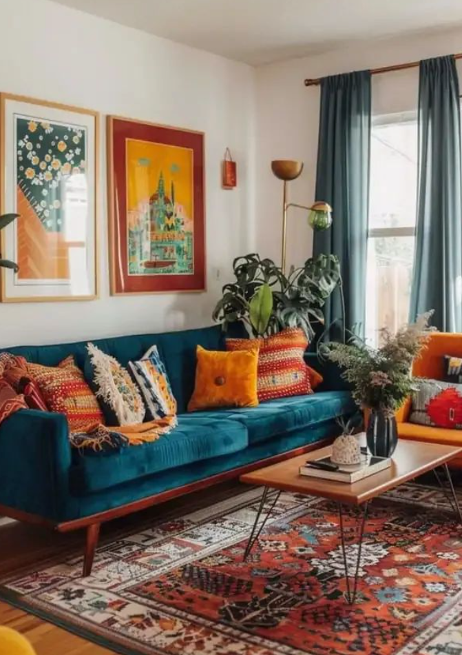 μπλε-teal καναπές σε σαλόνι με πιο έθνικ αισθητική