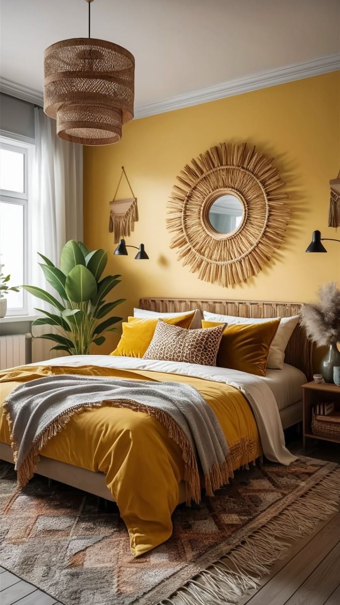 boho υπνοδωμάτιο με κίτρινο τοίχο και ασορτί κλινοσκεπάσματα