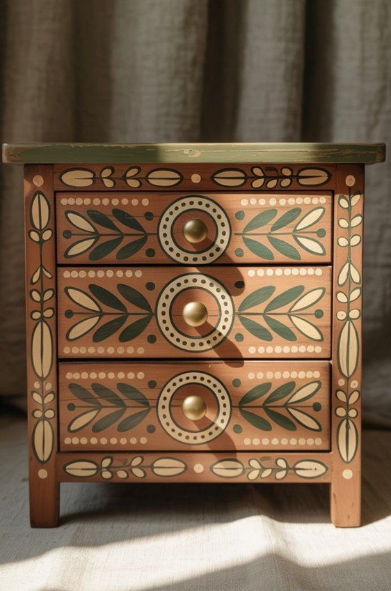 βαμμένο ξύλινο κομοδίνο με σχέδια