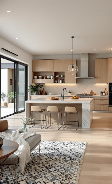 ανοιχτή κουζίνα σε σαλόνι