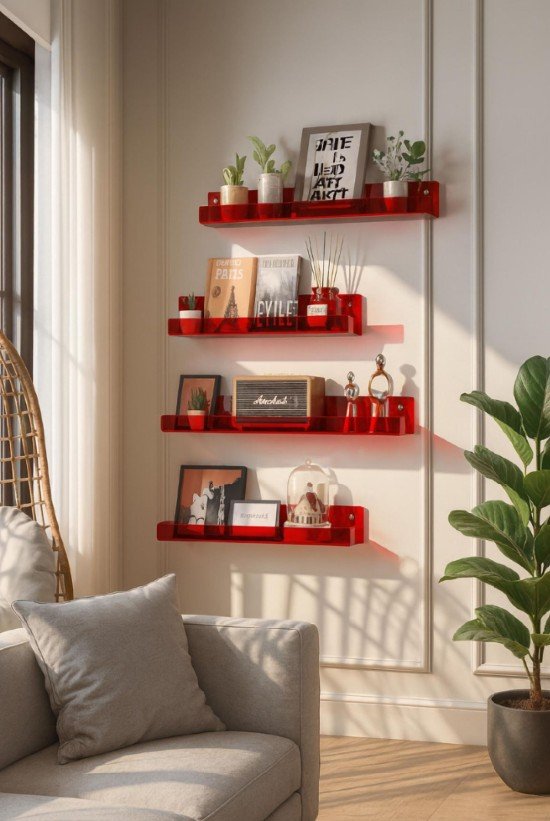 κόκκινα ράφια από plexiglass σε τοίχο