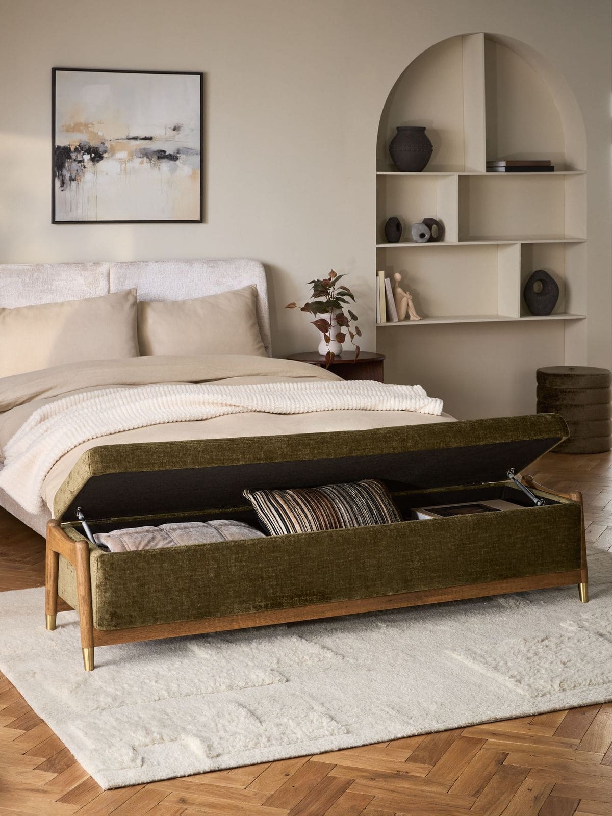 πράσινο ταμπουρέ κρεβατιού με αποθηκευτικό χώρο