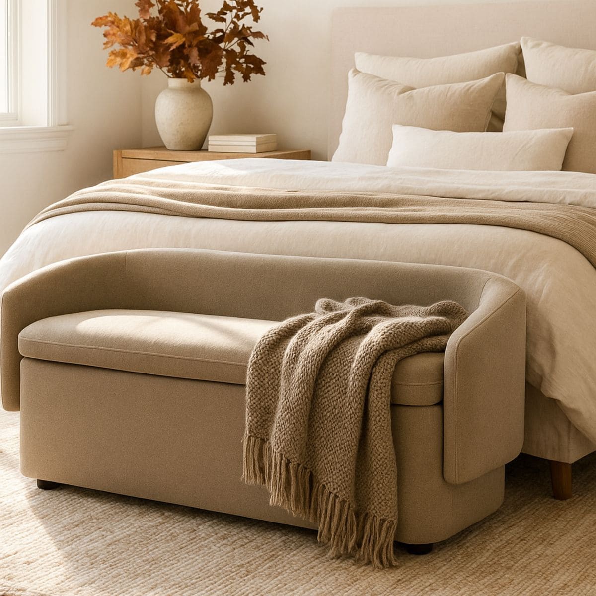 μπεζ ταμπουρέ τύπου παγκάκι στο κάτω μέρος κρεβατιού